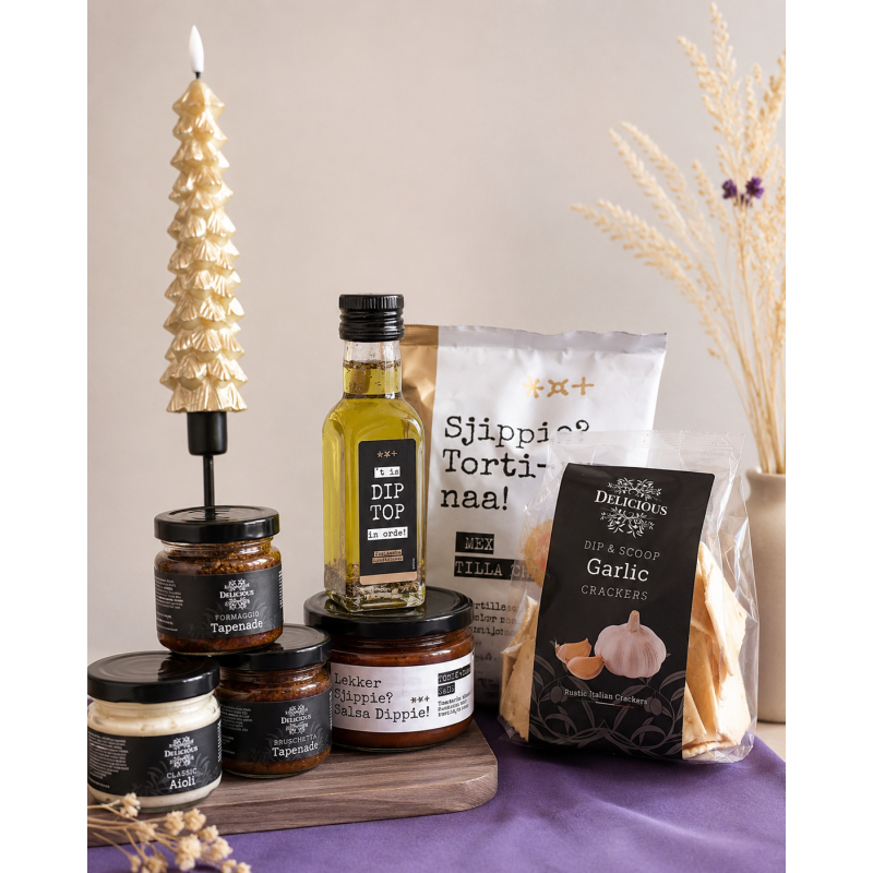Feestelijk Borrel Cadeaupakket KERST met Kerstboom LED Kaars & Dips